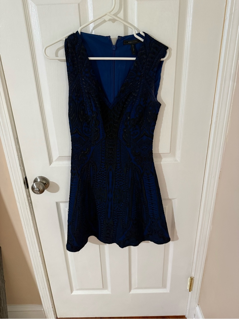 BCBGMaxAzria Navy and Black Beaded V-Neck Fit & Flare Dress
